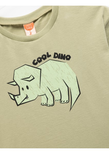Bisiklet Yaka Kısa Kollu Pamuklu Dinozor Baskılı Tişört