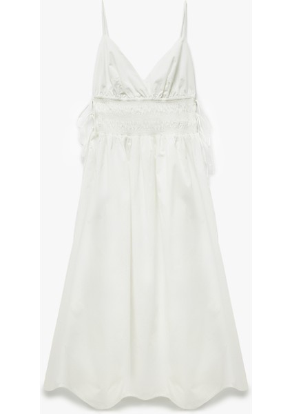 Pamuklu V Yaka Yanları Bağlamalı Gipeli Uzun Askılı Plaj Elbisesi