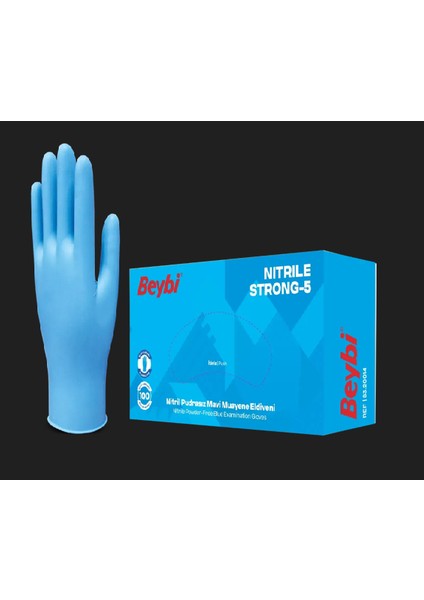 Strong-5 Pudrasız Mavi Nitril Muayene Eldiveni - 100'LÜK Kutu L Beden