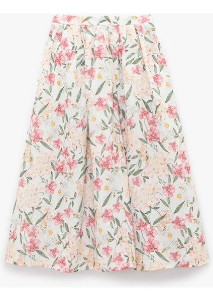 Pile Detaylı Yüksek Bel Midi Kloş Çiçekli Etek
