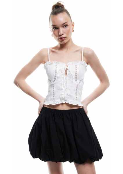 Pamuklu Beli Lastikli Oversize Balon Mini Etek