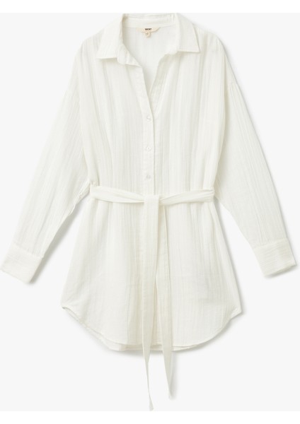 Pamuklu Rahat Kalıp Kemerli Uzun Kollu Gömlek Yaka Müslin Plaj Elbisesi