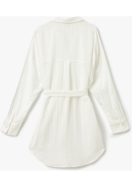 Pamuklu Rahat Kalıp Kemerli Uzun Kollu Gömlek Yaka Müslin Plaj Elbisesi fiyatları