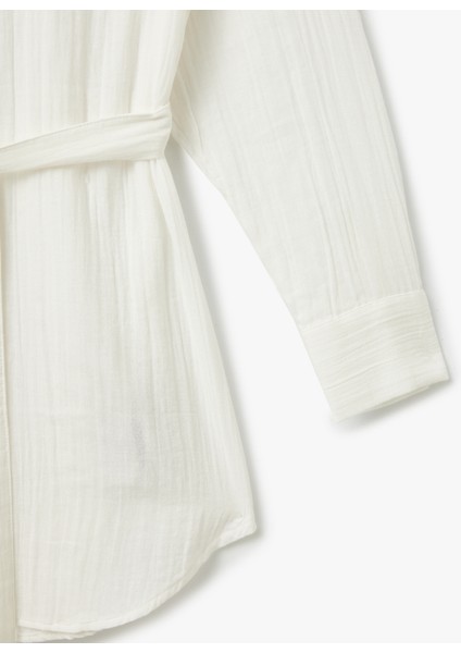 Pamuklu Rahat Kalıp Kemerli Uzun Kollu Gömlek Yaka Müslin Plaj Elbisesi fırsatları