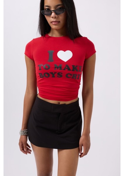 Nakış Detay Baskılı Crop T-Shirt