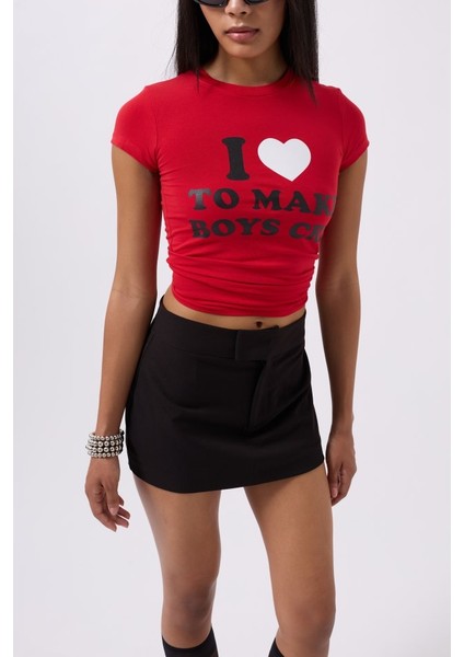 Nakış Detay Baskılı Crop T-Shirt
