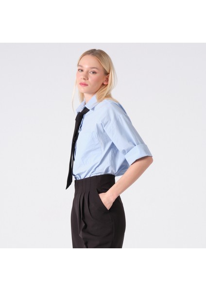 Truvakar Kol %100 Pamuk Poplin Oversize Gömlek Mavi modelleri
