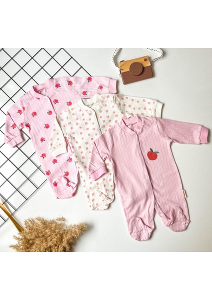 Necix'sbebe Pembe ve Krem Rengi Desenli Çıtçıtlı Ayaklı 3'lü Bebek Tulum Seti