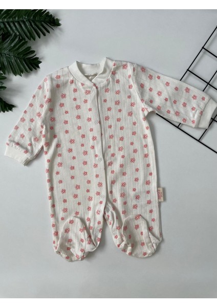 Necix'sbebe Pembe ve Krem Rengi Desenli Çıtçıtlı Ayaklı 3'lü Bebek Tulum Seti
