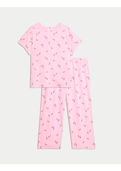 Pamuk Karışımlı Desenli Kısa Kollu Pijama Takımı
