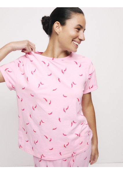 Pamuk Karışımlı Desenli Kısa Kollu Pijama Takımı