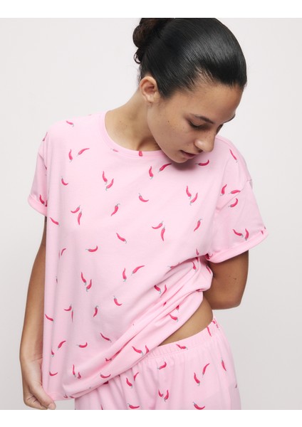 Pamuk Karışımlı Desenli Kısa Kollu Pijama Takımı