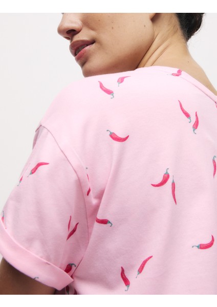 Pamuk Karışımlı Desenli Kısa Kollu Pijama Takımı