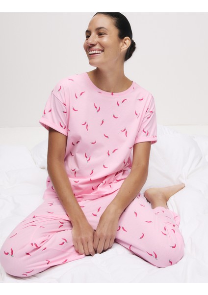 Pamuk Karışımlı Desenli Kısa Kollu Pijama Takımı