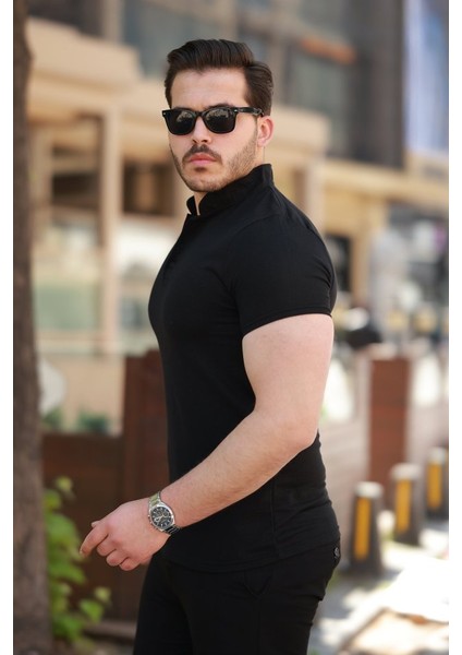 Erkek Hakim Yaka Dokuma Pamuklu Kumaş Kısa Kollu T-Shirt