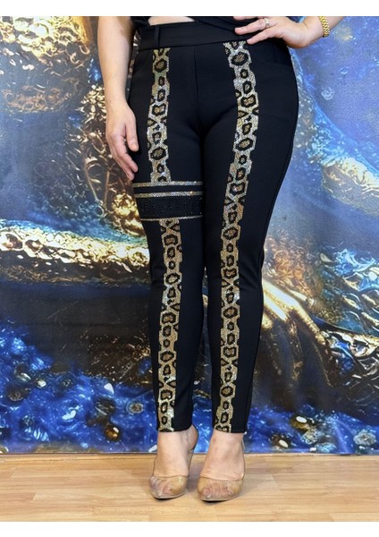 Abiye Pantolon,leopar Detayları,likralı Kumaş,taş Işlemeli,siyah,gece,cepli,dar Pantolon