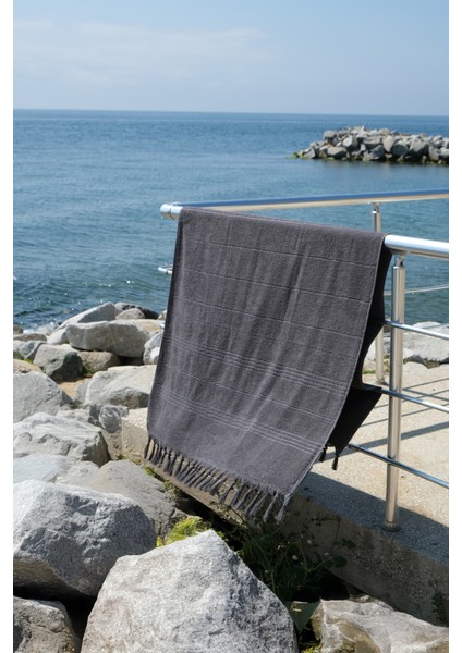 Coastline Antrasit Çift Tarafı Bukle 100X180 cm Boyasız %100 Organik Pamuk Saçaklı Plaj Havlusu