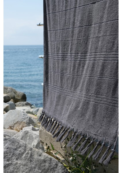 Coastline Antrasit Çift Tarafı Bukle 100X180 cm Boyasız %100 Organik Pamuk Saçaklı Plaj Havlusu