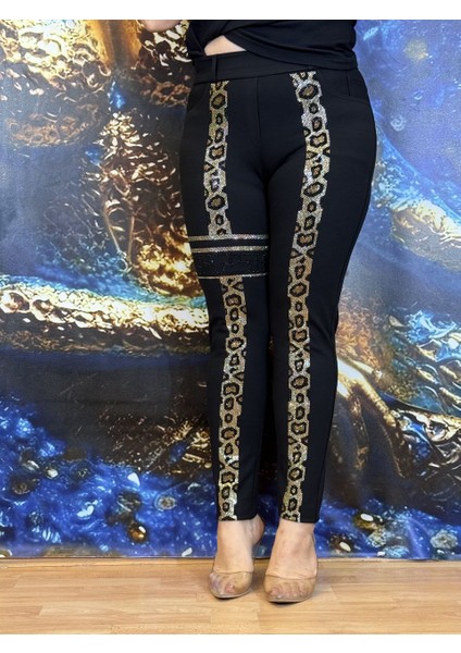Abiye Pantolon,leopar Detayları,likralı Kumaş,taş Işlemeli,siyah,gece,cepli,dar Pantolon