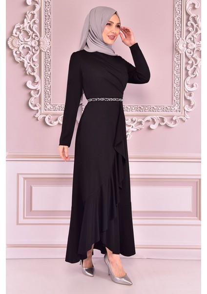 Kadın Giyim Abiye Moda Eteği Volanlı Kemeri Taşlı Tesettür Abiye Elbise 2497