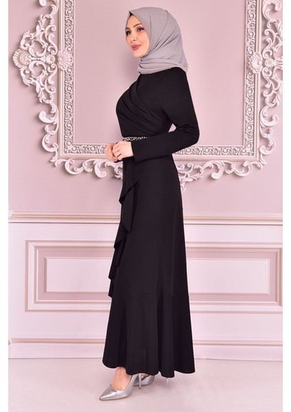 Kadın Giyim Abiye Moda Eteği Volanlı Kemeri Taşlı Tesettür Abiye Elbise 2497