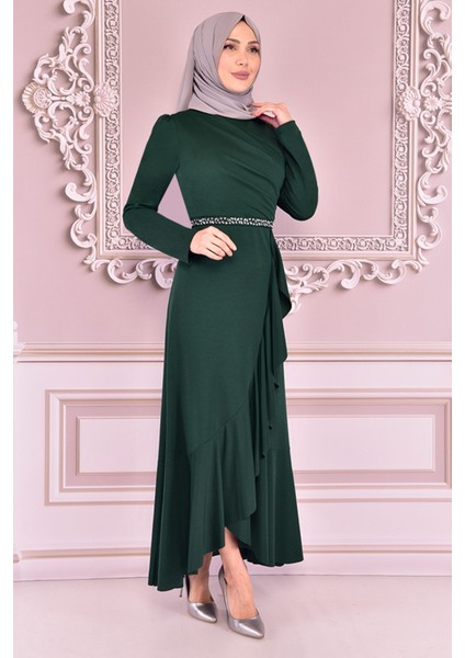 Kadın Giyim Abiye Moda Eteği Volanlı Kemeri Taşlı Tesettür Abiye Elbise 2497