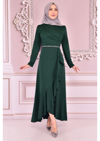 Kadın Giyim Abiye Moda Eteği Volanlı Kemeri Taşlı Tesettür Abiye Elbise 2497