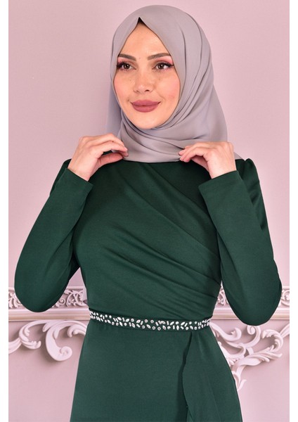 Kadın Giyim Abiye Moda Eteği Volanlı Kemeri Taşlı Tesettür Abiye Elbise 2497