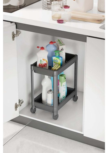 2 Katlı Tekerlekli Dolap Içi Düzenleyici Modüler Raf, Banyo Rafı, Mutfak Rafı