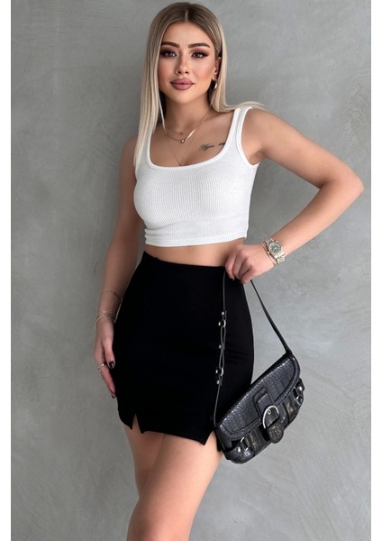 Siyah Beli Lastikli Yırtmaçlı Interlok Mini Etek