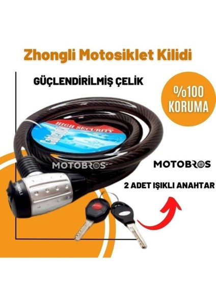 Motosiklet Kilidi Çelik Güçlendirilmiş Halat Zincir Kilit 25X200 (Işıklı Kilit) 2 Metre