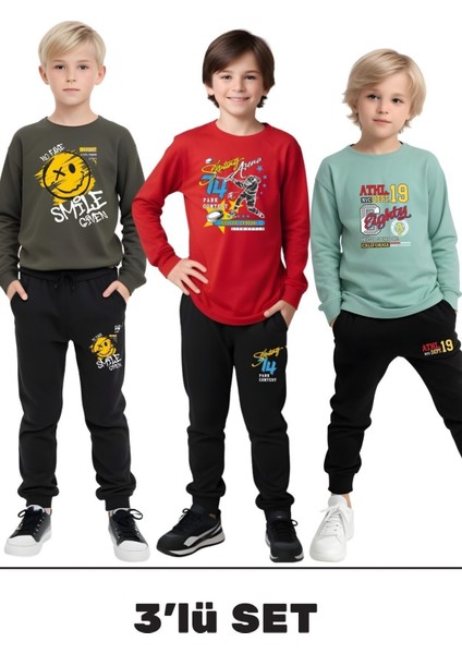 3'lü Erkek Çocuk Baskılı Yuvarlak Yaka Alt-Üst Pijama Takımı