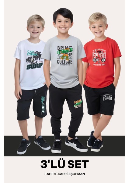 Erkek Çocuk 3'lü Set T-Shirt-Kapri-Eşofman Takımları