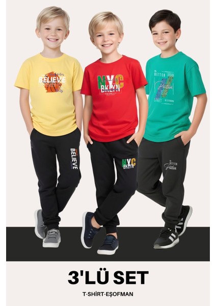 Erkek Çocuk 3'lü T-Shirt-Eşofman Takımları