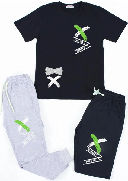 Erkek Çocuk 3lü Kombin Baskılı x Collection T-Shirt Kapri Eşofman Altı