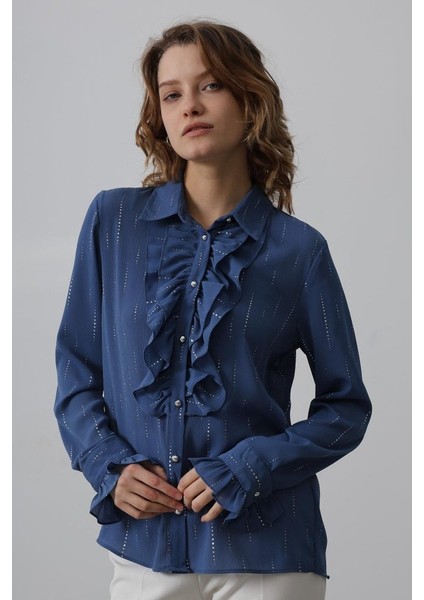 Fırfır Yakalı Şifon Gömlek - Mavi