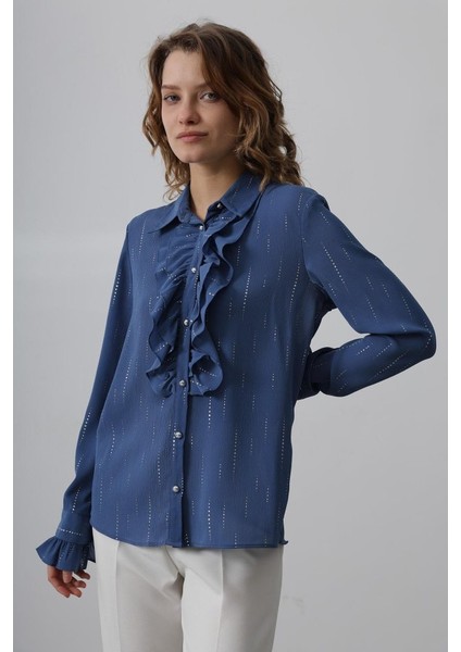 Fırfır Yakalı Şifon Gömlek - Mavi fiyatları