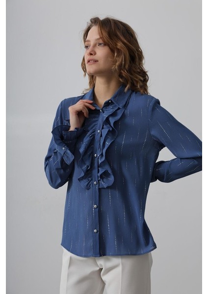 Fırfır Yakalı Şifon Gömlek - Mavi modelleri