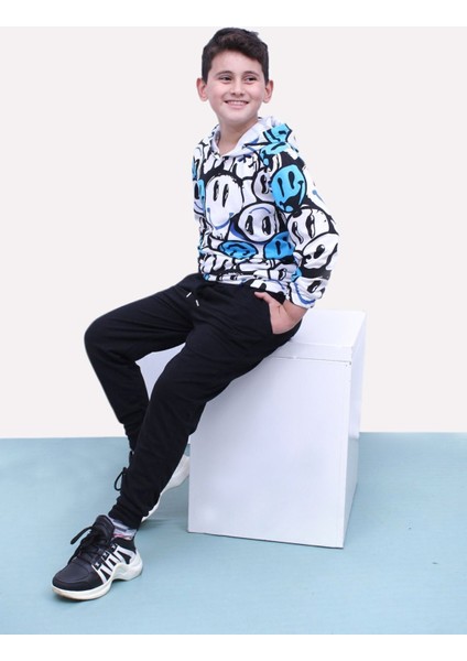 Desenli, Kapüşonlu, Unisex Sweatshirt-Eşofman Alt Üst Takım 2 Iplik