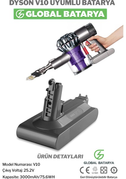 Dyson V10 Uyumlu Dikey Süpürge Bataryası 3000MAH 25.2V Li-Ion Pil