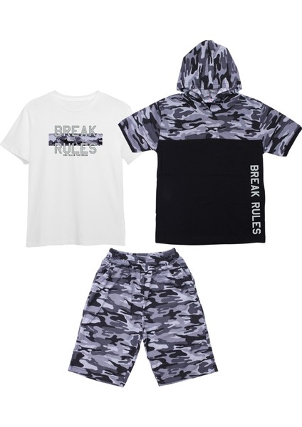 Erkek Çocuk 3'lü Kamuflaj Desenli Kapri-Baskılı Tişört- Kamuflaj Desenli Sweatshirt Alt Üst Takım
