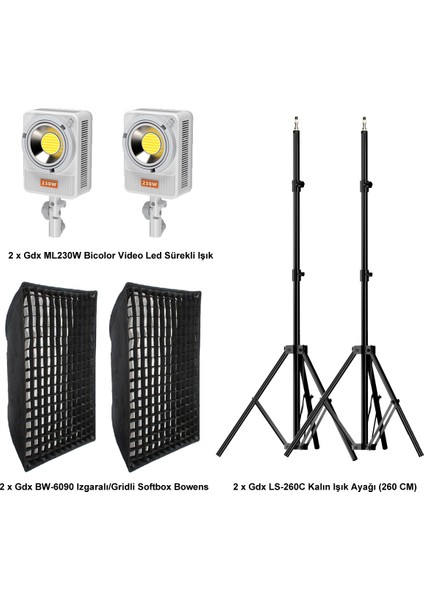 Ml-Kit 2 Cob LED Youtube Sürekli Video ve Fotoğraf Işık Ikili Set + Gdx BW-6090 Gridli Softbox