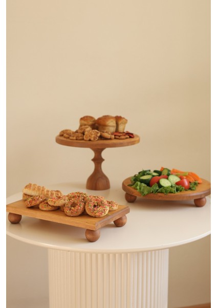 3'lü 29/17 cm Mummy, 29 cm Risus ve 17X30 cm Risus Ahşap Ayaklı Pasta Kurabiye Sunum Servis Tabağı