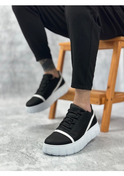 ET0666 Siyah Beyaz Yüksek Taban Erkek Günlük Ayakkabı