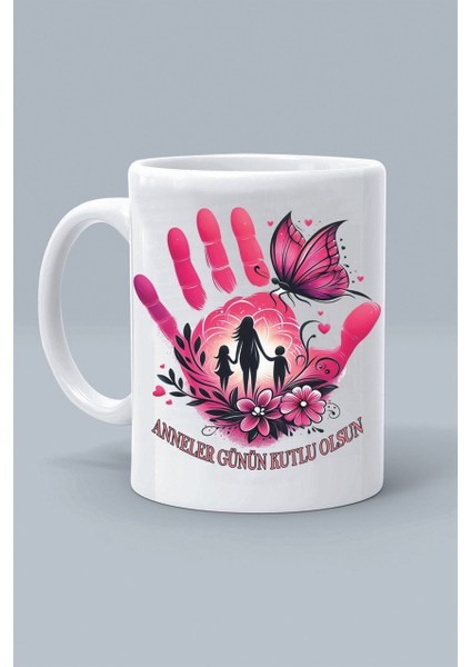 anneler Günün Kutlu Olsun Kelebek Çiçek Tasarım Baskılı Beyaz Klasik Kupa Bardak