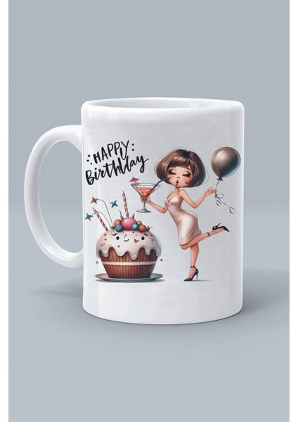 happy Bırthday Mutlu Yıllar Doğum Günü Pasta Tasarım Baskılı Beyaz Klasik Kupa Bardak