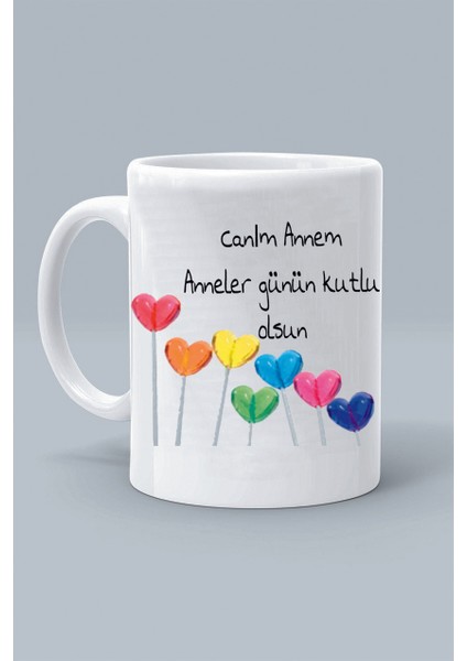 Renkli Kalpler Anneler Günü Tasarım Baskılı Beyaz Klasik Kupa Bardak