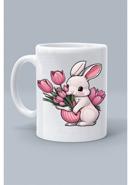 pınk Rabbıt Sevimli Pembe Tavşan Tasarım Baskılı Beyaz Klasik Kupa Bardak