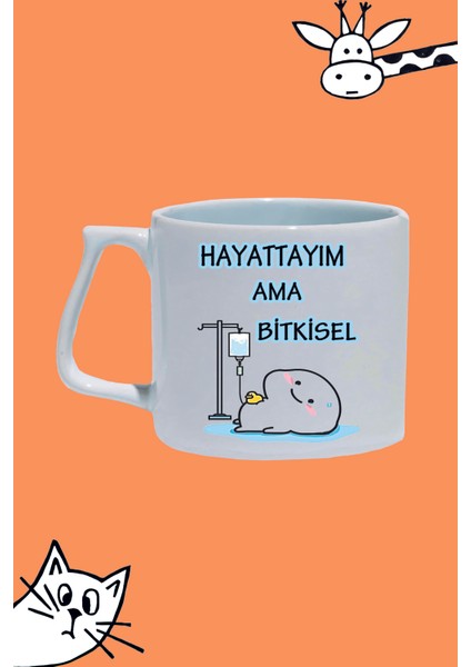 Hayattayım Ama Bitkisel Tasarım Baskılı Beyaz Lüks Sap Kupa Bardak