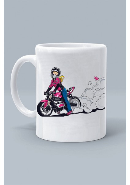 pembe Motorlu Kız Kask Motor Tasarım Baskılı Beyaz Klasik Kupa Bardak